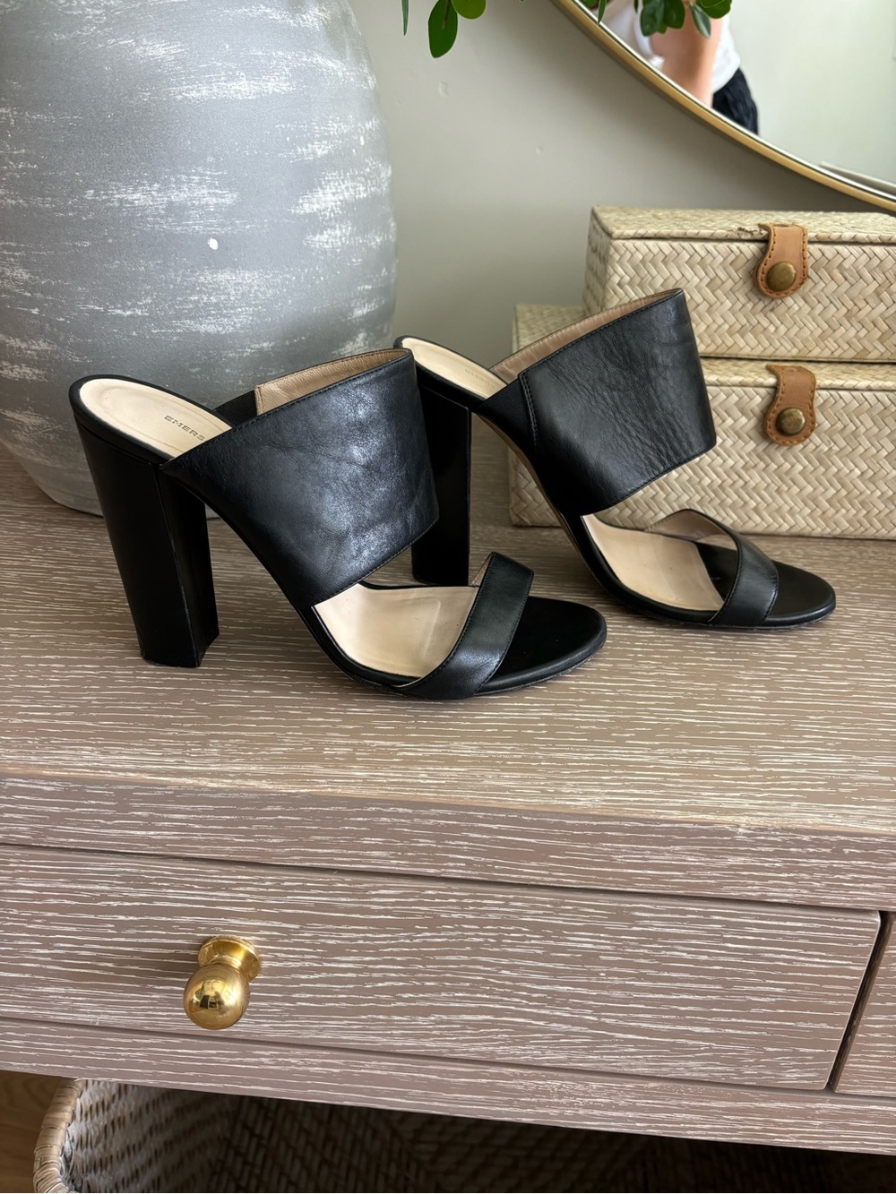 Emerson Fry Black Leather Block-Heel Slide Sandals